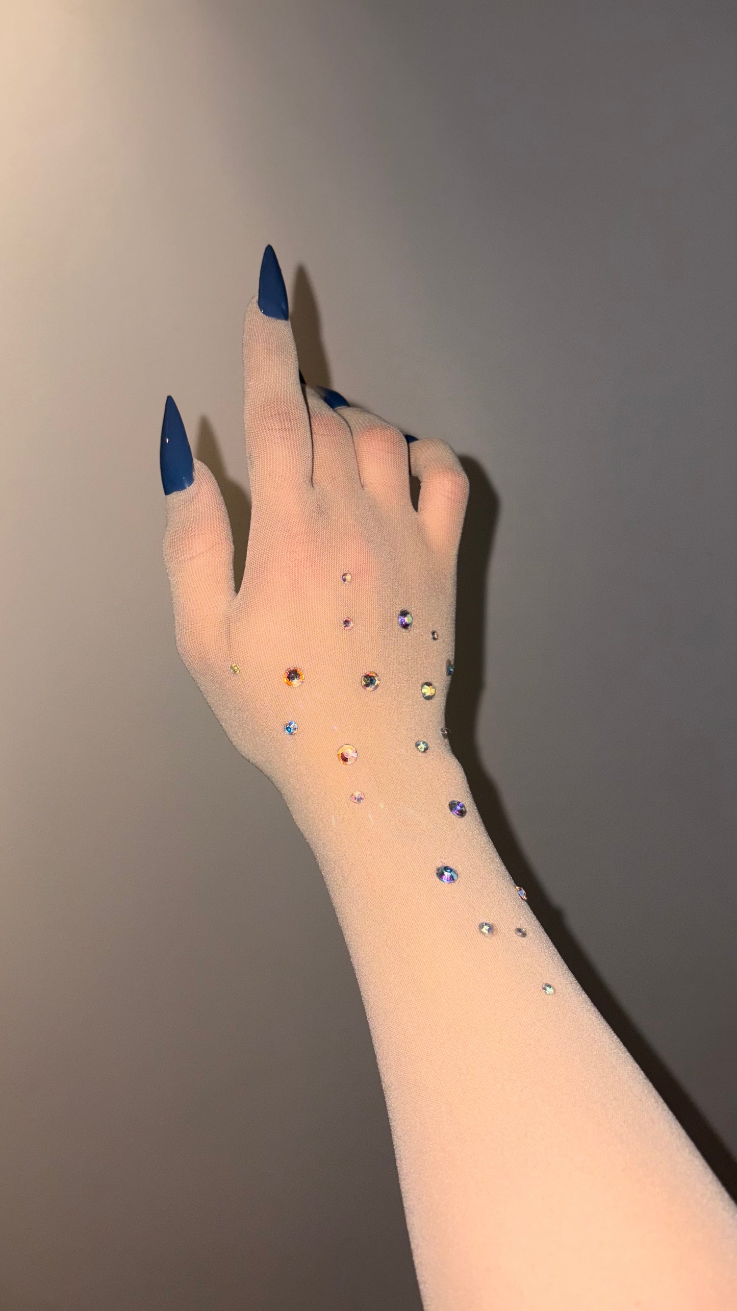 Colorful Rhinestones on Beige Nail Glove