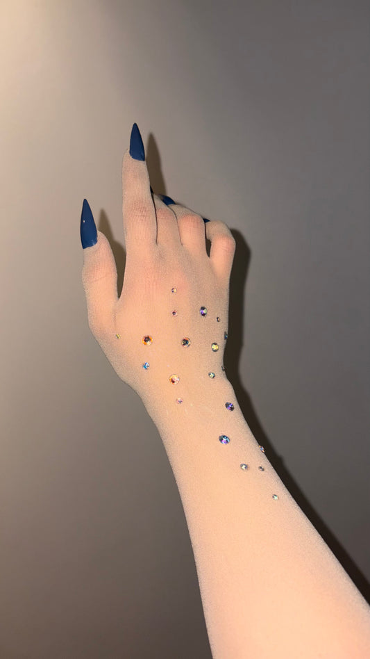 Colorful Rhinestones on Beige Nail Glove